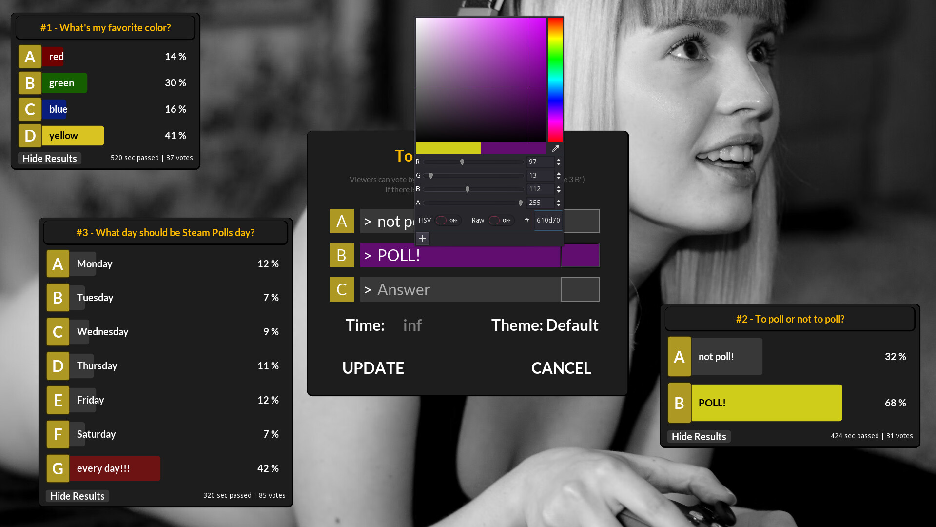 Tool to create polls during streams with Twitch chat integration.